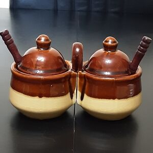 Vintage Brown Stoneware Double Condiment Dish Bowls With Spoons